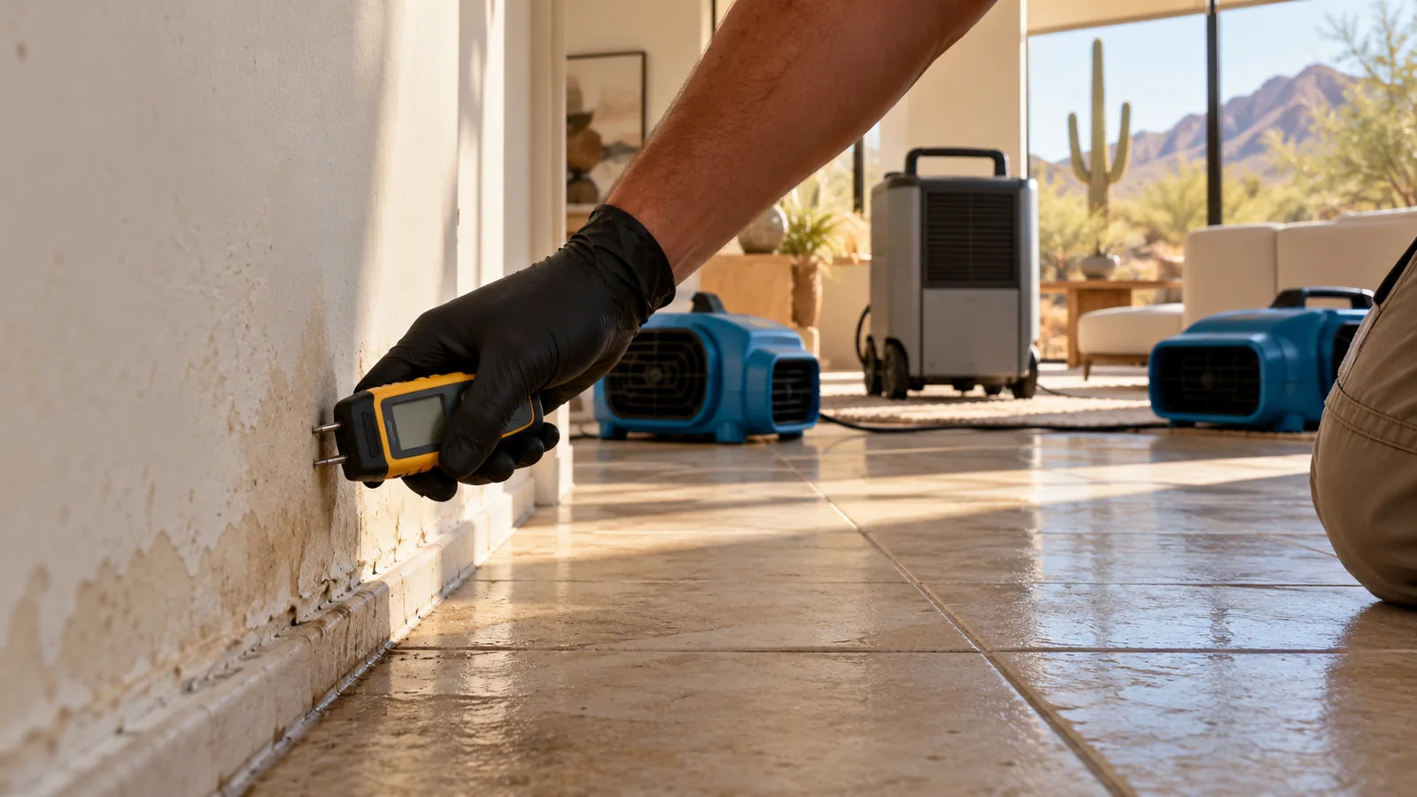 Illustration of a professional checking moisture at a wall base with drying equipment nearby