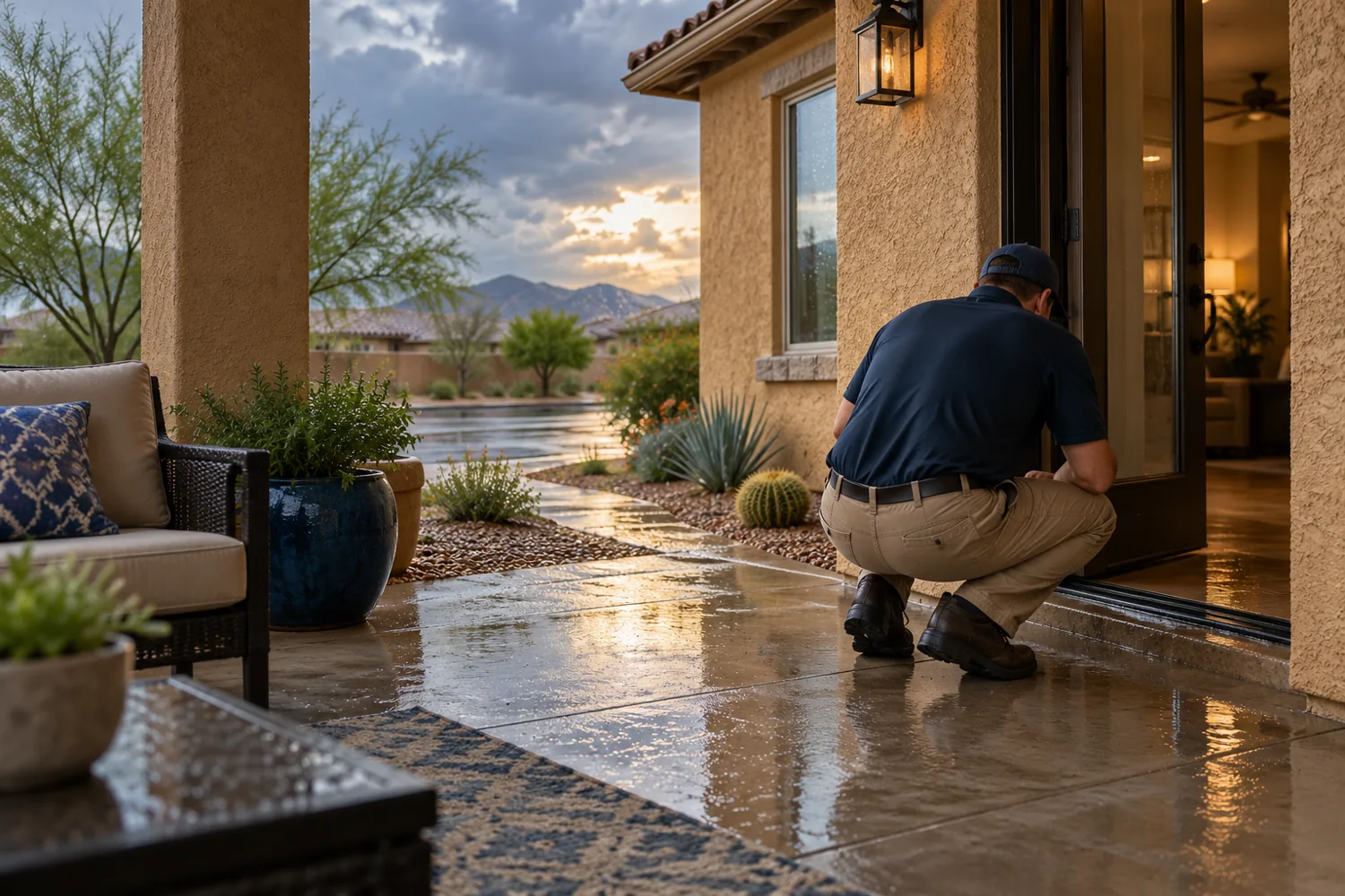 Illustration of a professional inspecting a wet threshold after an Arizona monsoon shower